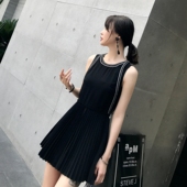 黑色阔腿短裤 裙裤 女装 2017夏装 刺绣背心百褶连体裤 新款 FENG88