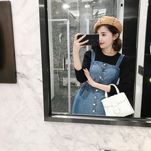 欧美秋季新款 一排扣牛仔吊带裙松紧腰A字裙背带连衣裙女 K姐自制