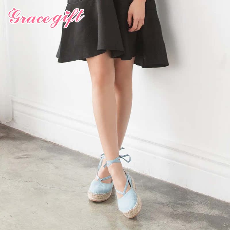 grace gift春季新款渔夫鞋绑带休闲鞋优雅平底鞋舒适旅游鞋单鞋女