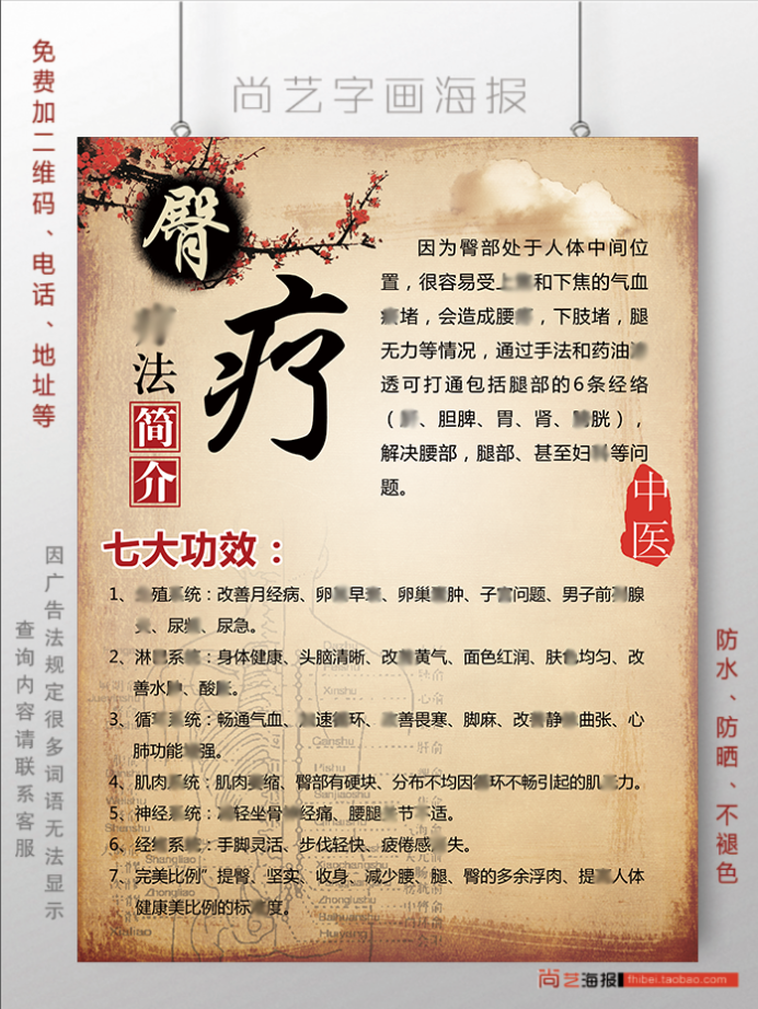 中医养生海报挂图壁纸画墙贴油画制背胶装饰挂画背胶臀疗七大功效