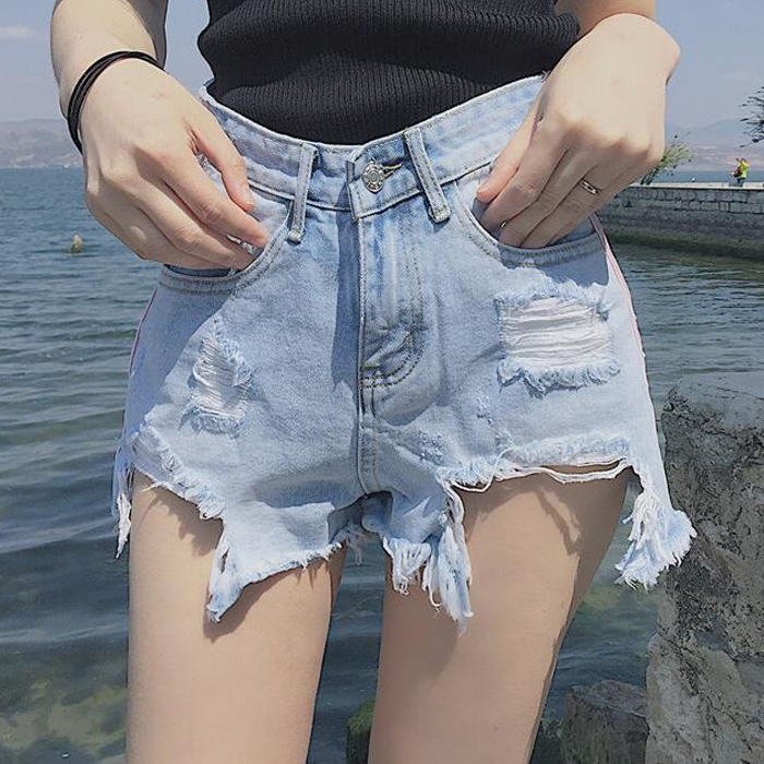 超短裤女夏季韩版学生宽松百搭显瘦毛边拼接高腰破洞阔腿牛仔裤
