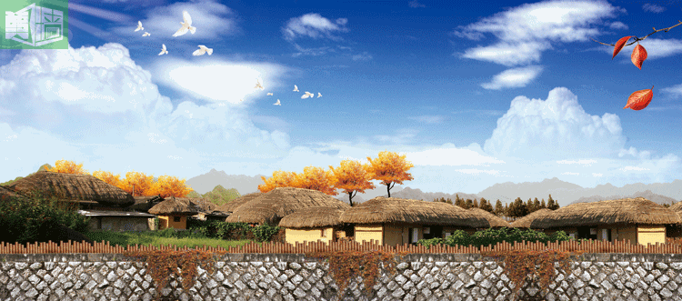 原生态农家田园壁纸蓝天草屋墙纸川菜馆湘菜馆客家菜东北菜馆壁画