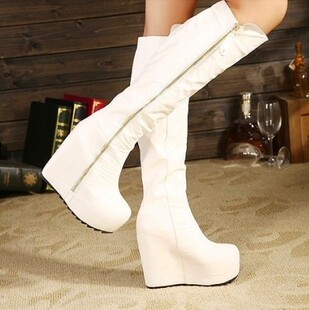 gumu冬季长靴内增高长筒靴瘦腿潮女靴厚底坡跟高筒靴pu白色长靴子