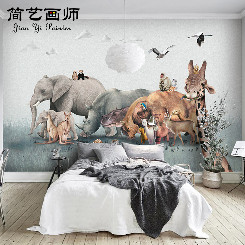 动物世界手绘卡通北欧背景墙墙纸创意个性壁画定制无缝壁纸