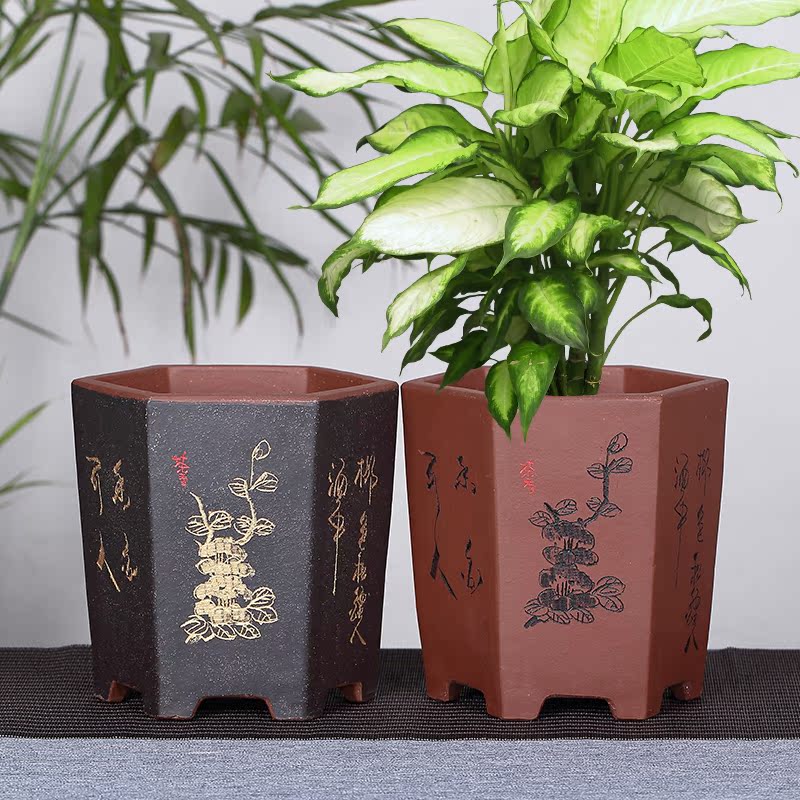 宜兴紫砂陶瓷兰花盆景盆栽简约植六角花盆紫砂君子兰兰花盆69.00