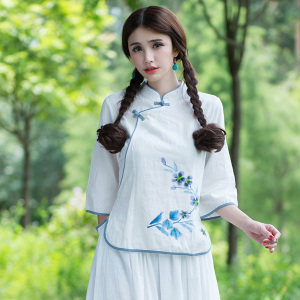 复古中国风禅意旗袍上衣古风民国学生装半袖茶人服女装棉麻茶服秋