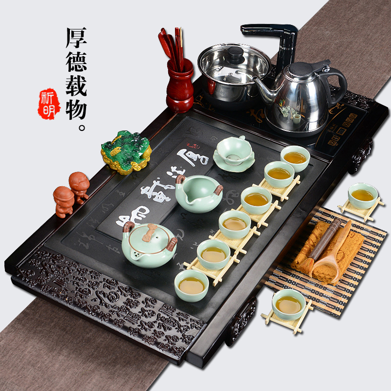 高档 乌金石茶具套装 四合一实木茶盘电磁炉套装 石头茶盘套装