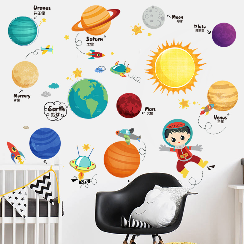 卡通儿童房宝宝卧室装饰品可爱太空星球墙贴纸幼儿园教室早教贴画