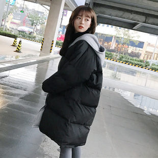 冬季女装韩版中长款宽松连帽棉衣过膝棉服外套学生面包服情侣款潮