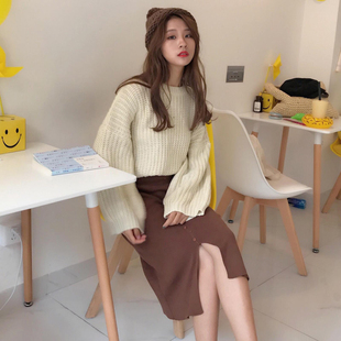 秋冬女装2017新款韩版宽松粗线套头毛衣长袖针织上衣+针织半身裙