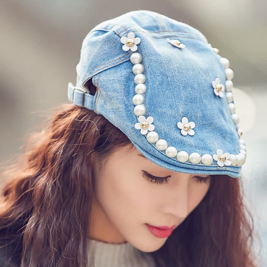 2017新款女士春夏季韩版潮时尚珍珠花朵牛仔帽户外百搭贝雷帽子