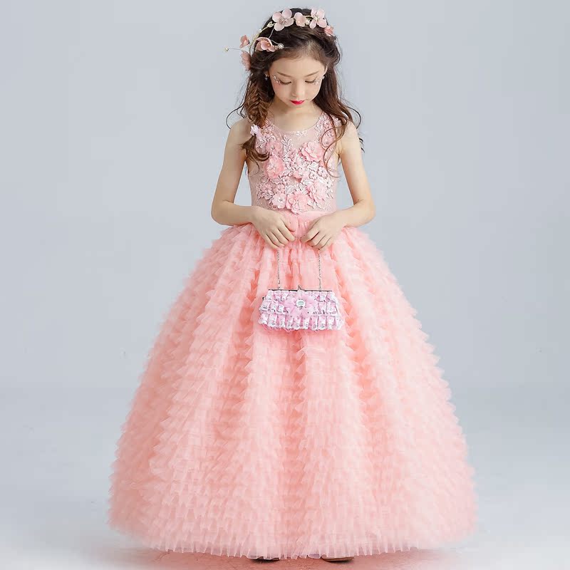粉色儿童礼服公主裙花童大长裙婚纱裙夏款小孩女童钢琴演出蓬蓬裙