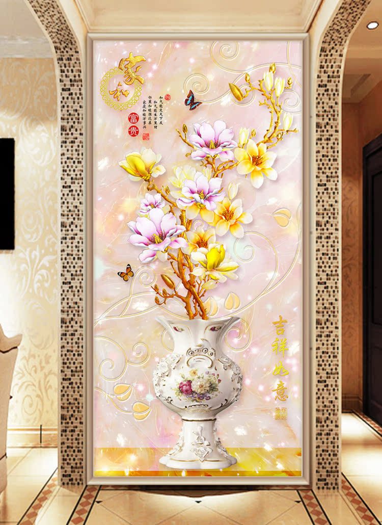现代简约3d立体玄关壁纸壁画 走廊过道墙纸装饰画 竖版欧式花卉瓶