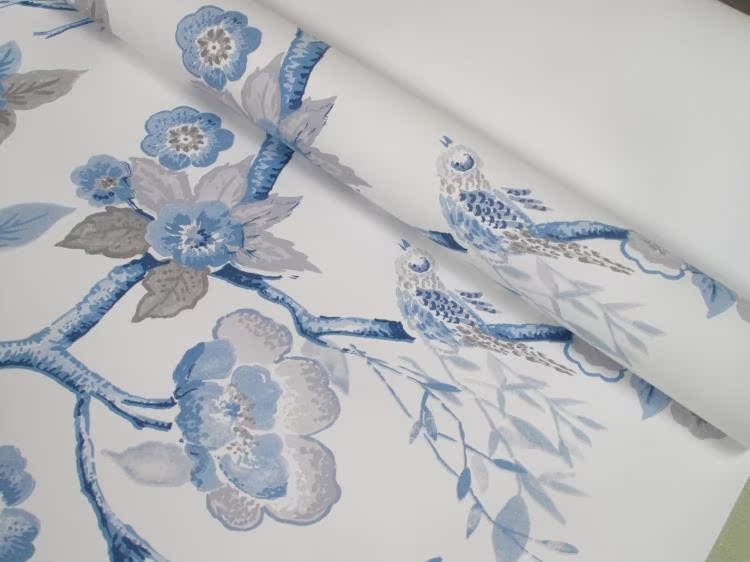 进口壁纸 纯纸水墨丹青白底蓝色画鸟中式田园风 卧室客厅 包邮