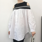 连衣裙女潮 宽松娃娃衫 露肩长袖 夏季LBPY名媛风背心拼接假两件衬衫