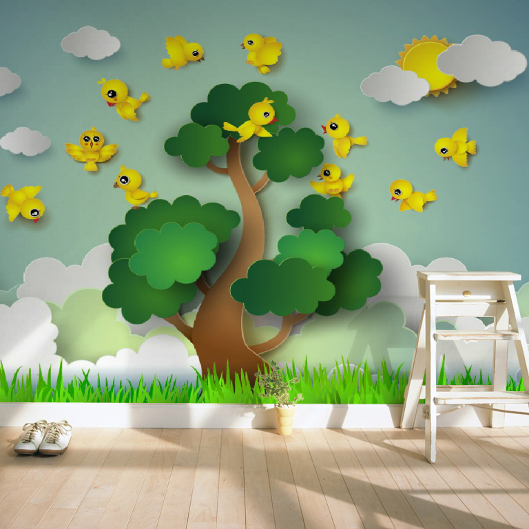 绿色环保儿童主题房间背景墙壁纸3d大型壁画立体卡通墙纸树木花朵
