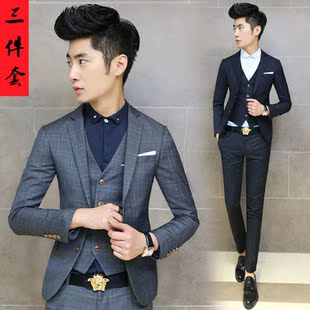 秋季发型师小西装男士商务休闲韩版格子结婚礼