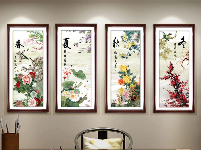 新中式四联春夏秋冬装饰画客厅茶楼壁画有框画玄关餐厅挂画墙画
