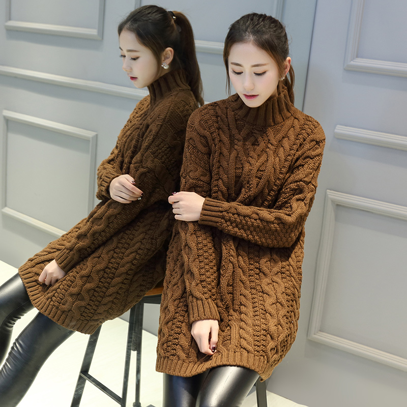 冬季韩版宽松套头高领加厚麻花秋冬装针织衫中长款毛衣女外套棕色