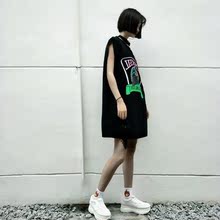 bf原宿风无袖 t恤卫衣女夏 欧美街头嘻哈宽松运动篮球背心裙潮韩版