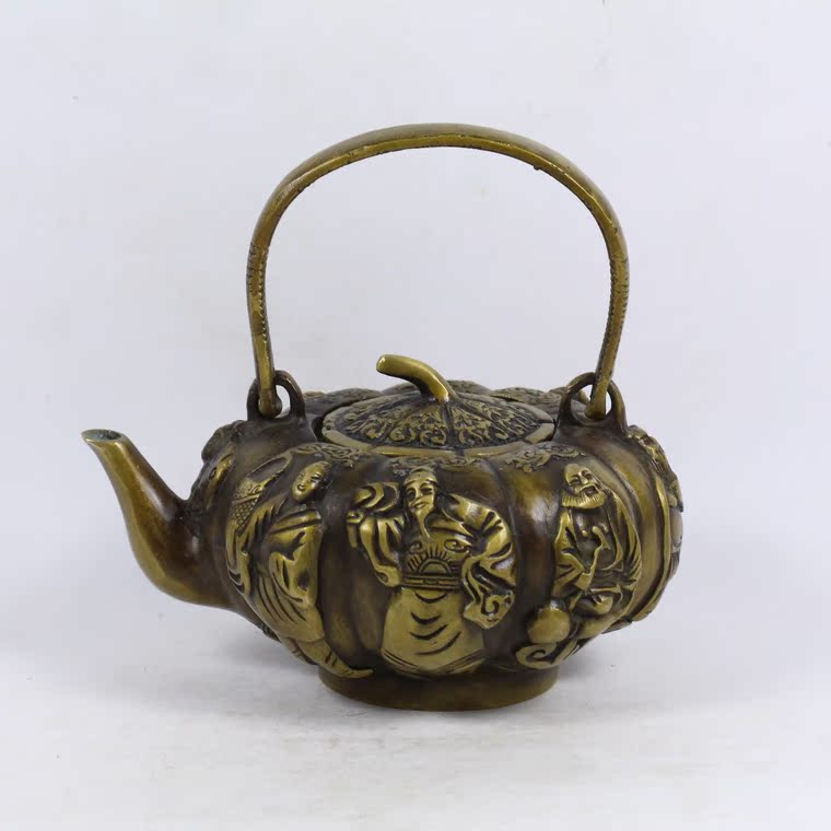 旧时光精品古玩民间收藏大清款黄铜铜器八仙过海功夫茶具纯铜茶壶