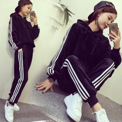 金丝天鹅绒三道杠套装女春宽松加大码学生休闲时尚运动服两件套秋