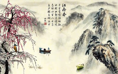 江南春水墨国画大型壁画 客厅卧室电视背景墙纸 现代中式梅花壁纸