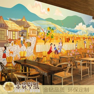 个性漫画古代人物大型壁画饭店餐厅丰收仓库超市食物壁纸题墙纸