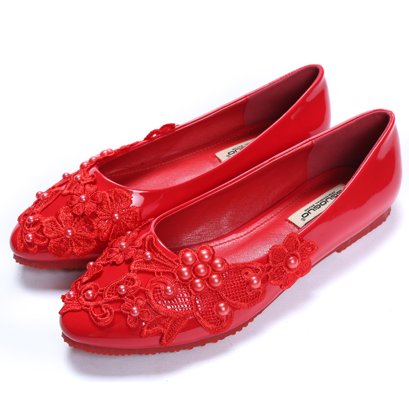 新款水钻婚鞋红色平底鞋加绒女结婚红鞋尖头新