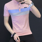 青年小翻领POLO衫男士经典港衫 拼接条纹短袖T恤纯棉休闲潮流男装