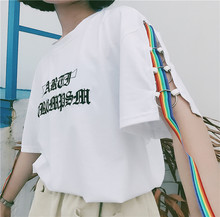 T恤女 子飘带圆圈宽松短袖 韩国ulzzang原宿BF风刺绣字母袖 夏季新款