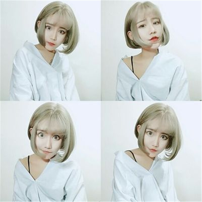 新款假发女短发青木亚麻灰色假发奶奶灰梨花头空气刘海bobo短直发