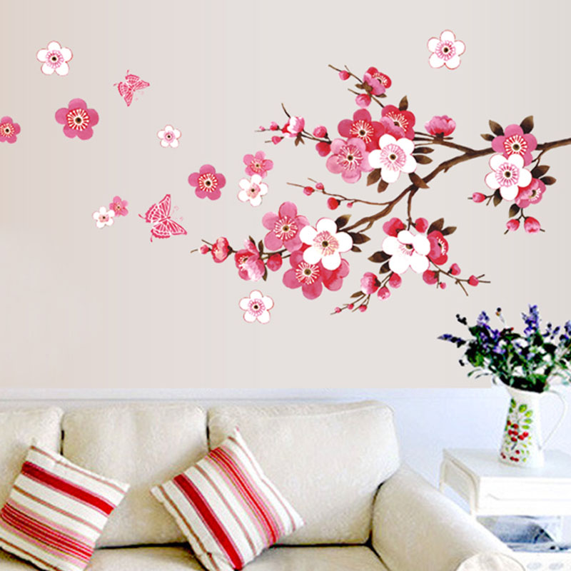 唯美桃花墙贴中国风古典水墨壁画客厅沙发背景墙贴画卧室装饰贴纸