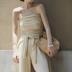 复古名媛开衫抹胸阔腿裤三件套