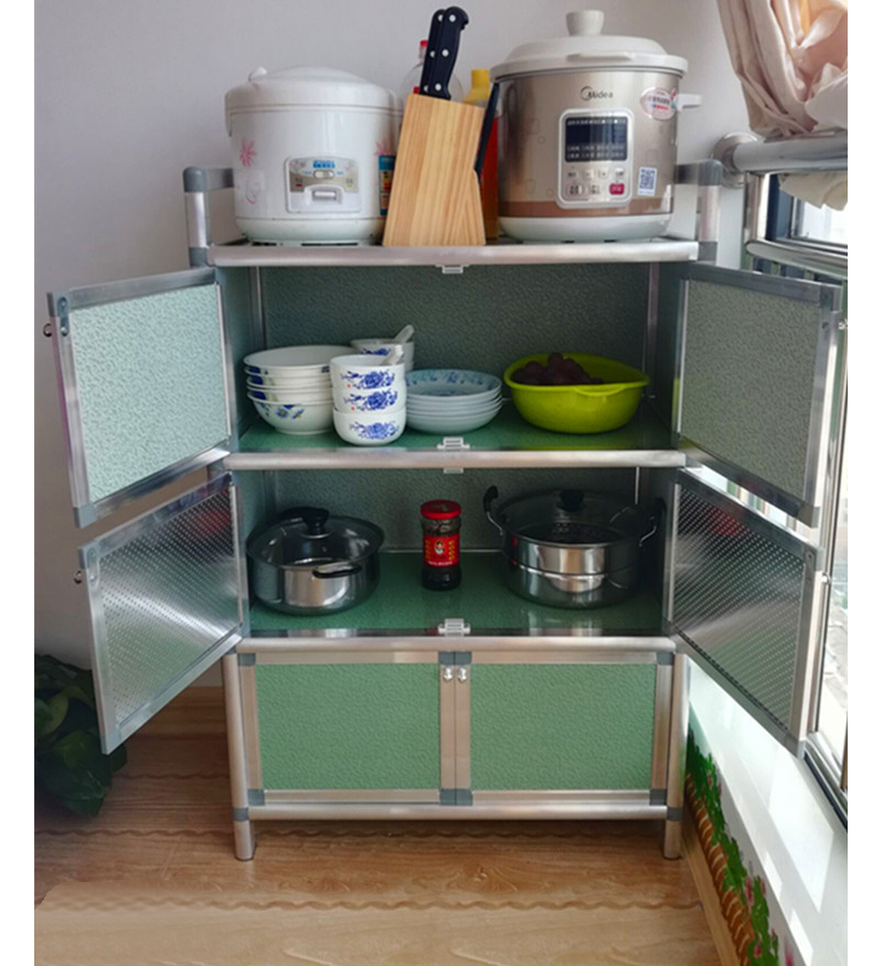碗柜厨房灶台柜子简易不锈钢组装橱柜钢化玻璃餐边柜铝合金茶水柜