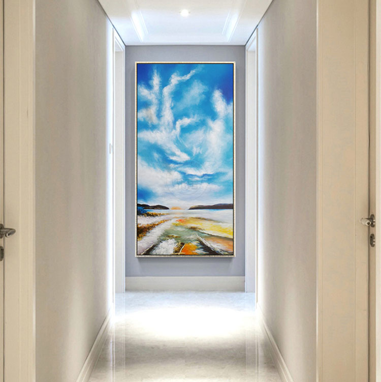 现代玄关装饰画别墅走廊楼梯过道有框挂画手绘抽象风景油画竖墙画