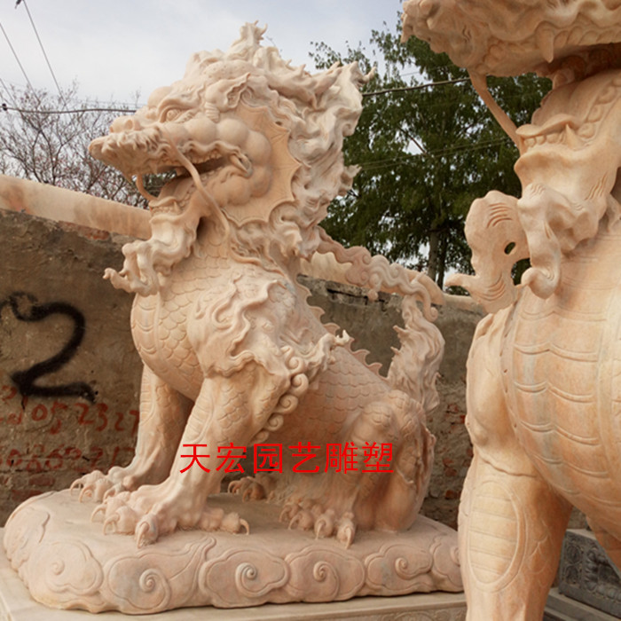 汉白玉蹲式火麒麟招财镇宅吸风水貔貅大象石狮子门墩门口神兽摆件