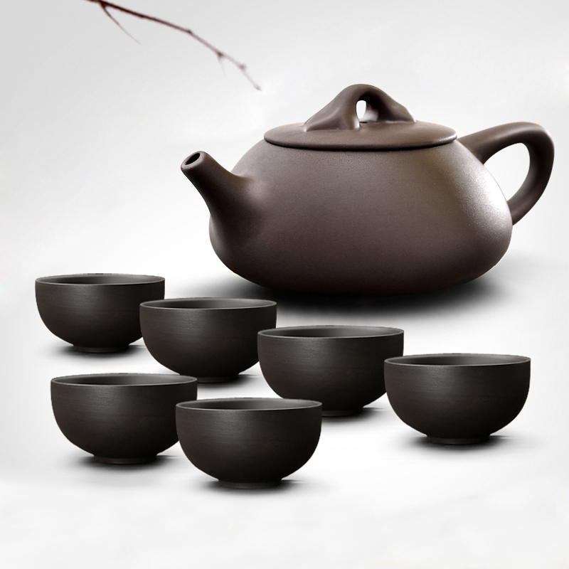 金团紫砂壶石瓢壶正品紫砂 原矿朱泥茶壶特价功夫茶具茶壶1壶6杯