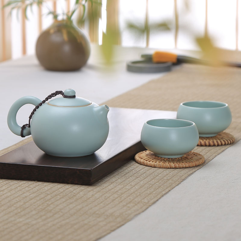 陶瓷茶具汝窑茶具一壶两杯特价功夫茶具泡茶壶茶杯汝瓷开片正品