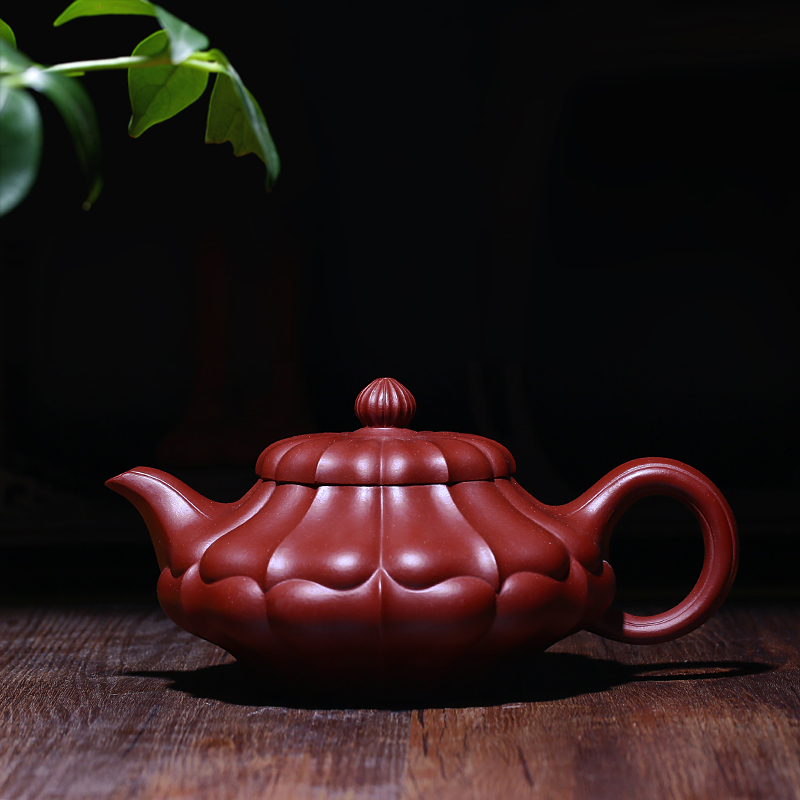 宜兴正品名家紫砂茶壶具原矿纯手工龙血砂大红袍筋囊合菱壶