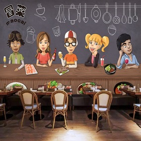 手绘原创卡通人物火锅店墙纸个性主题餐厅饭店麻辣烫串串冒菜壁纸