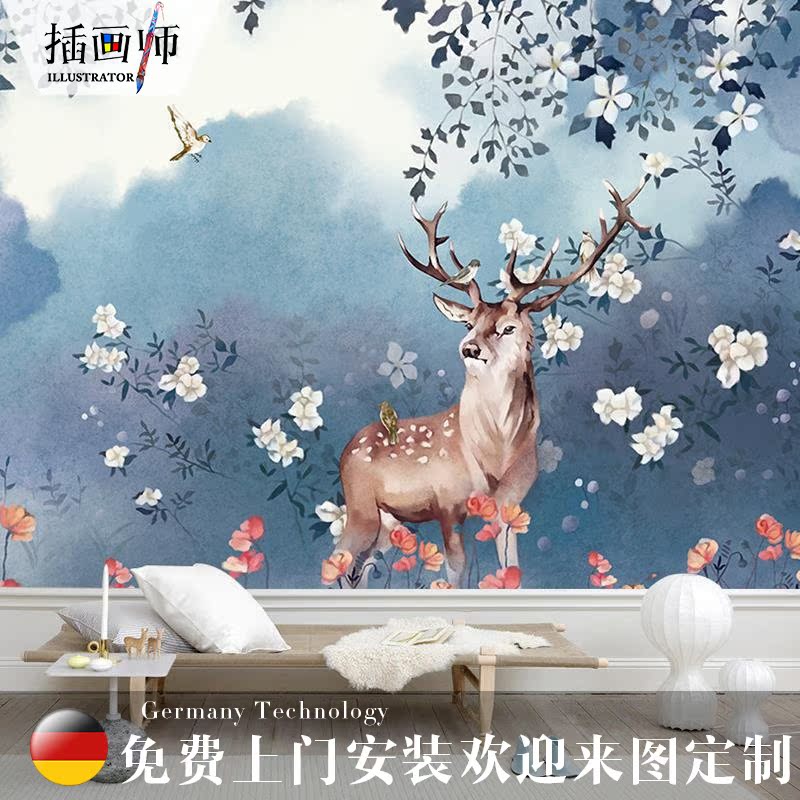 北欧手绘花卉麋鹿墙纸卧室客厅电视背景墙壁纸定制油画无纺布壁画