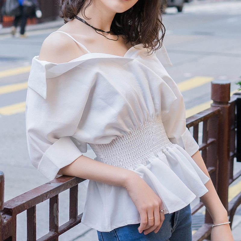 天天特价韩版气质甜美吊带一字肩上衣夏短袖露肩娃娃衫女雪纺衬衣