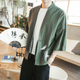中国风夏季成人青年短袖男装潮仙鹤刺绣改良唐朝古装侠客汉服唐装