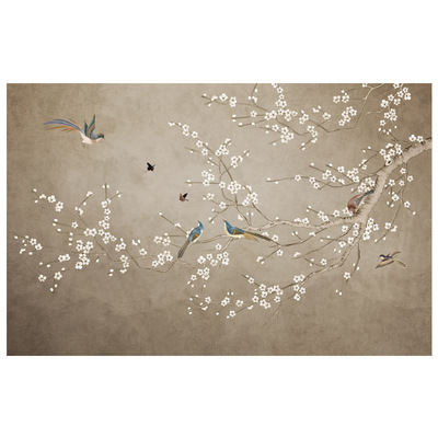 中式古典手绘花鸟定制壁画客厅卧室背景墙纸怀旧复古梅花壁纸墙布