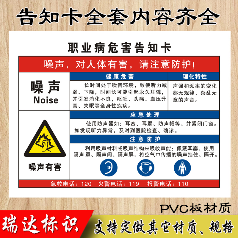 噪声职业病危害告知牌卡 噪音噪声有害安全警示牌 标志牌标识牌