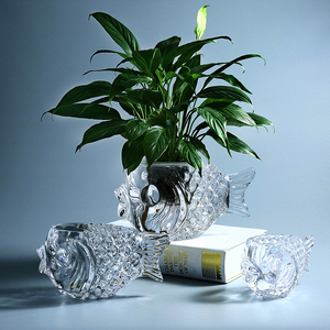 欧式花瓶玻璃透明创意鱼形水培绿萝花器桌面摆