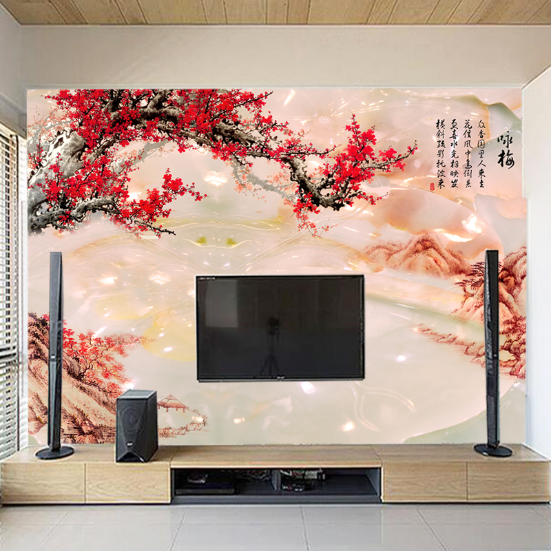 塞拉维3d玉雕傲骨红梅花电视背景墙壁纸中式客厅影视沙发墙纸墙布