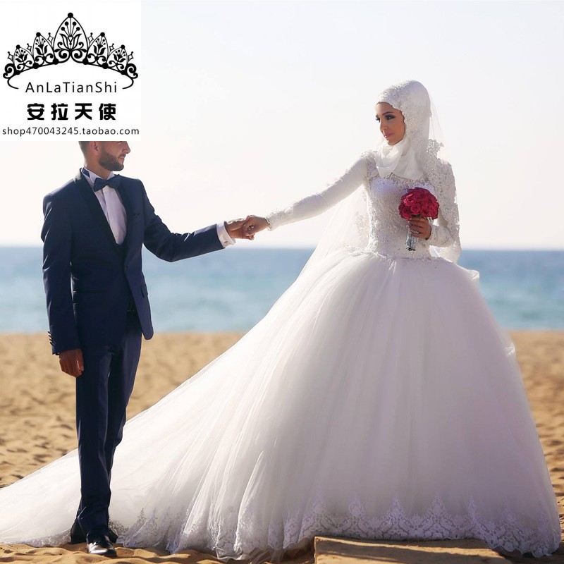 【安拉天使】纯手工高领长袖软网花仙子穆斯林婚纱摄影拍照大片