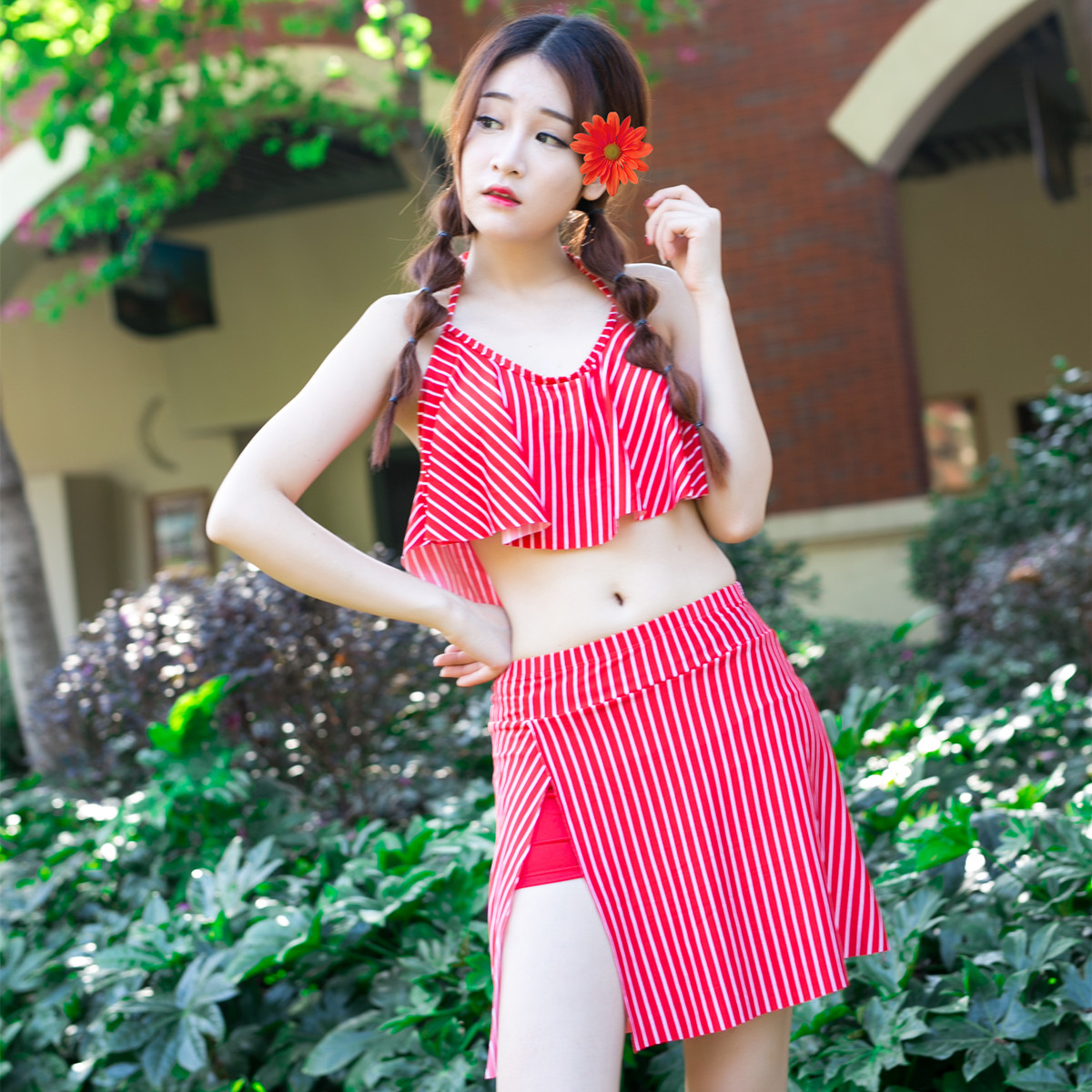 包邮韩国温泉泳装学生少女海军风条纹连体裙式